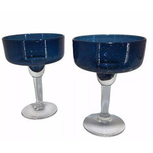 Cobalt Blue Mexican Hand Blown Margarita Glass Bubble Bowl Clear Stem Set 2 Tiki
